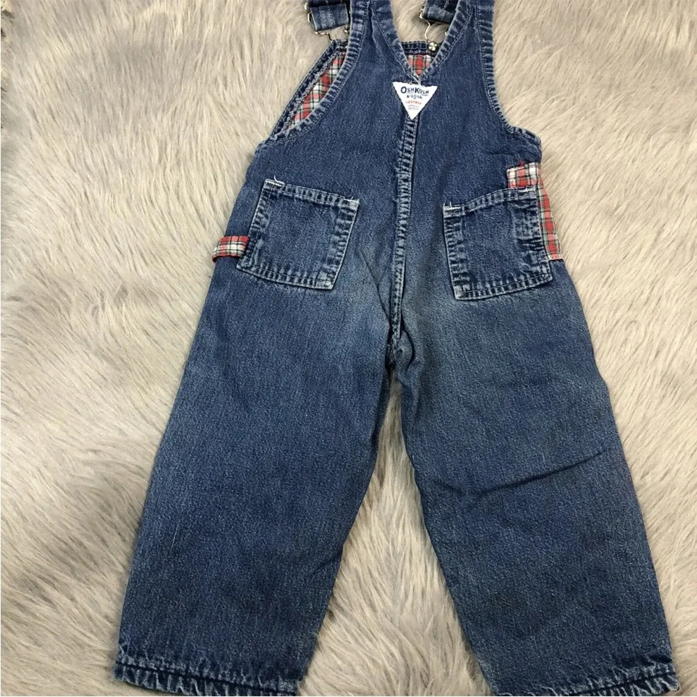 Vintage Toddler Oshkosh Bgosh Denim Blue Red Plaid Flannel Lined Overalls